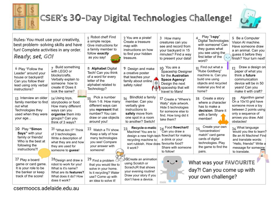 Inspired by the LEGO challenge... we have 30 days of CSER Digital Technologies activity challenges! Teachers/parents, you can download the slide and remix the activities here: bit.ly/CSER-challenge. Comment others we can add!👇😀 #CSED #digitech <a href="/cserAdelaide/">CSER Adelaide</a> #cserchallenge