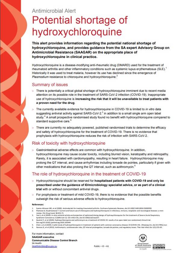 SAAGAR_AU's tweet photo. #Hydroxychloroquine should be reserved for hospitalised patients with COVID-19 &amp; only be
prescribed under the guidance of ID/micro specialist advice, or as part of a clinical
trial with or without concomitant antiviral drugs" - SAAGAR alert: https://t.co/heCHrQM87H #COVID #QUM https://t.co/a9y7O3Fcdy