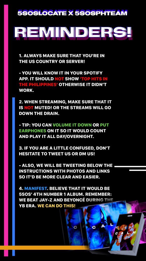 5SOSLocate's tweet image. Queue Filipino 5SOSFam exclusive Album Giveaway in 3...2...1—

Please be guided on the rules and make sure to stream #5SOSCalm!

Retweet this tweet and @5SOSPHTeam’s tweet to spread the word! ✨

Good luck and happy streaming, Filo 5SOSFAM!

#CALMOutNow #5SOS #5SOSListeningRitual
