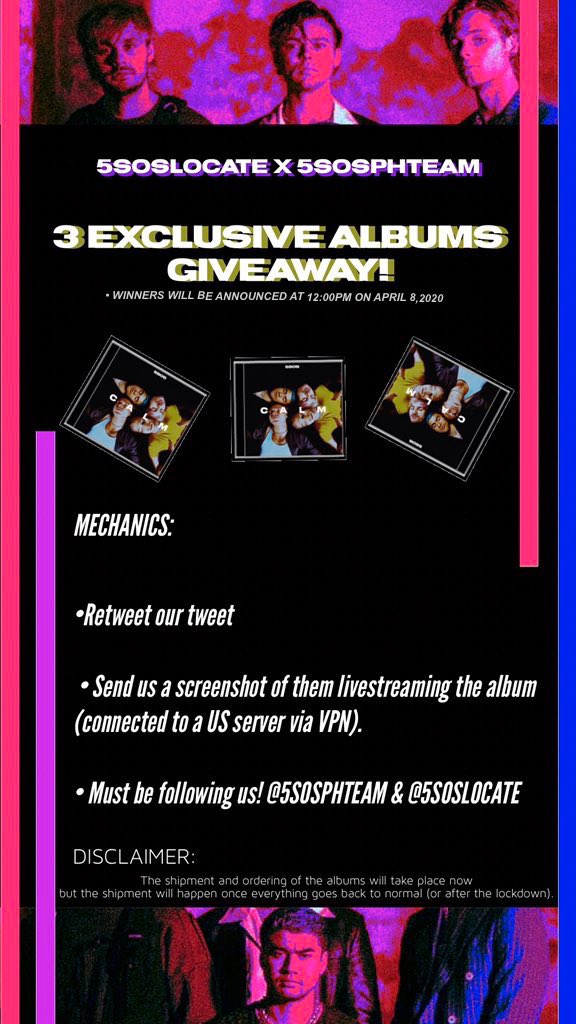 5SOSLocate's tweet image. Queue Filipino 5SOSFam exclusive Album Giveaway in 3...2...1—

Please be guided on the rules and make sure to stream #5SOSCalm!

Retweet this tweet and @5SOSPHTeam’s tweet to spread the word! ✨

Good luck and happy streaming, Filo 5SOSFAM!

#CALMOutNow #5SOS #5SOSListeningRitual