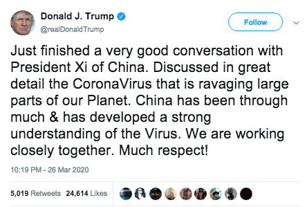 What accounts for Trump's U-turn from blaming China to praising China?Only a guess: the urgency of airlifting provisions (ventilators+PPE+tests) as US hospitalizations surge & needs become desperate in  #viraltime.  https://twitter.com/70sBachchan/status/1238162125811523586