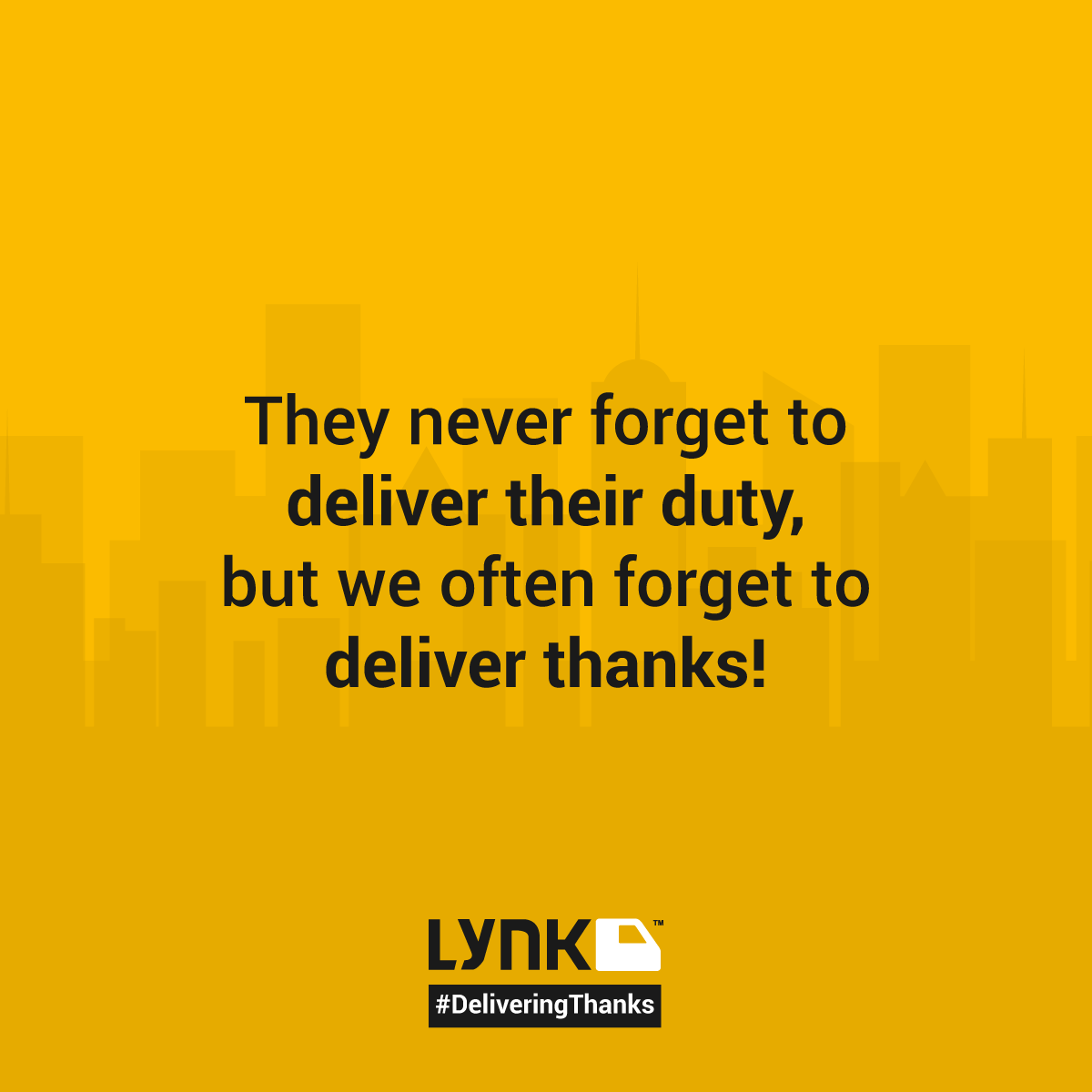 LynkLogistics's tweet photo. In life, we often tend to take small things for granted. From today let's look around and start #DeliveringThanks to the people who make our lives more comfortable with their big help! 

#Lynk #LetsLynk #LynkLogistics https://t.co/TdC3sTHswa