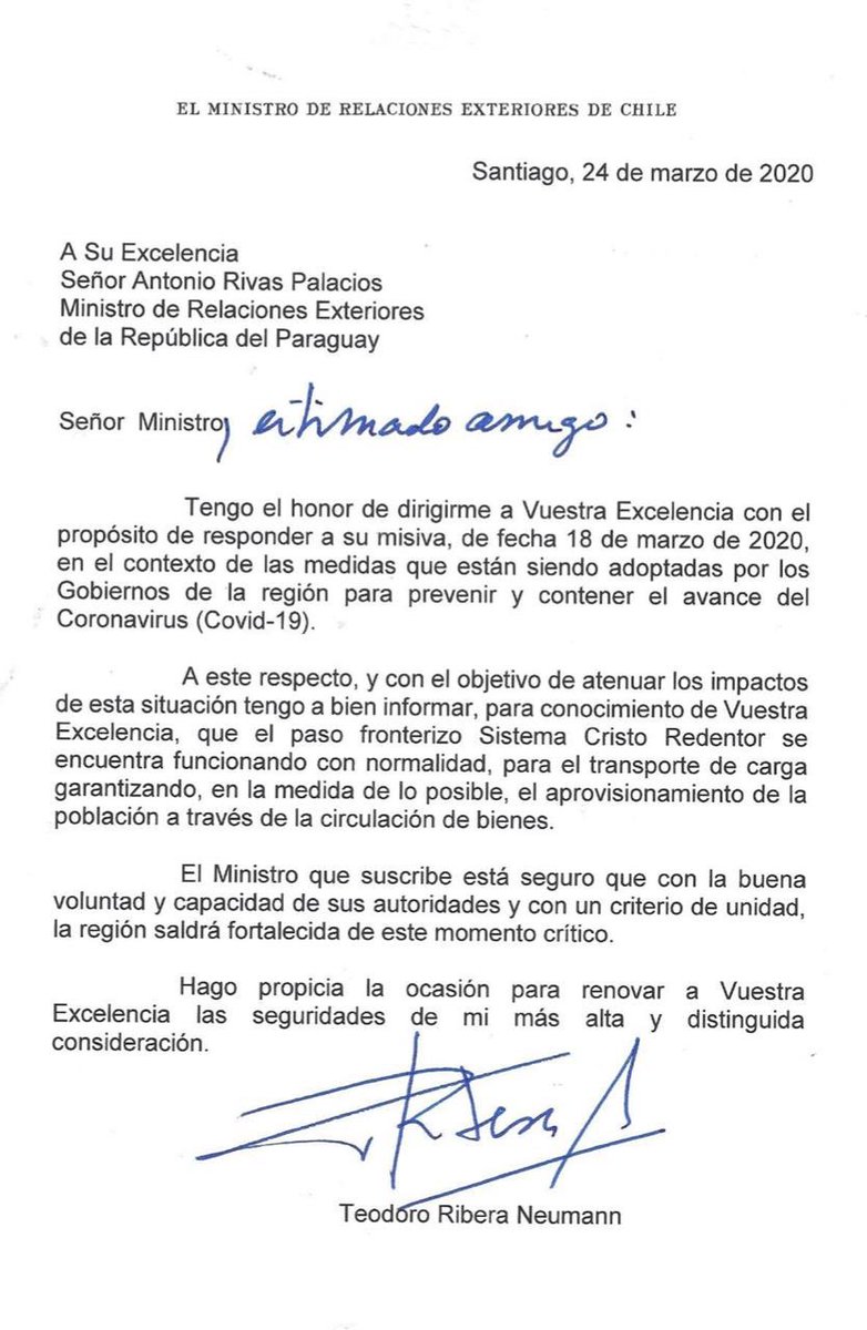 ARivasPalacios's tweet photo. Agradezco también muy especialmente al Canciller @TeodoroRiberaN y a @Minrel_Chile por su rápida respuesta, en la que nos informa que el paso fronterizo Cristo Redentor sigue disponible para el envío de nuestras exportaciones a Chile. Estamos unidos 🇵🇾y🇨🇱 para seguir cooperando! https://t.co/EeIoYM1TuH