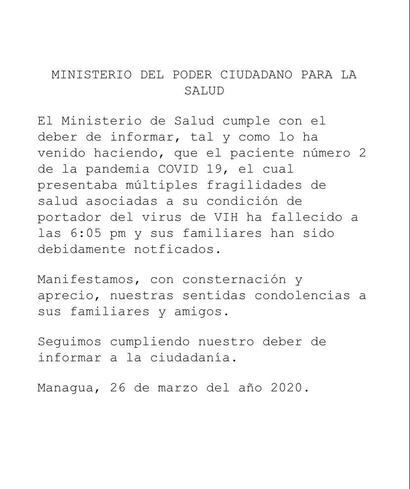 AlfonsoFloresB's tweet photo. Fallece uno de los dos pacientes confirmados con #Covid19 en #nicaragua, se trata del “segundo caso” que había sido confirmado dice este comunicado divulgado por el #minsa hace minutos https://t.co/iJdKHErDSY