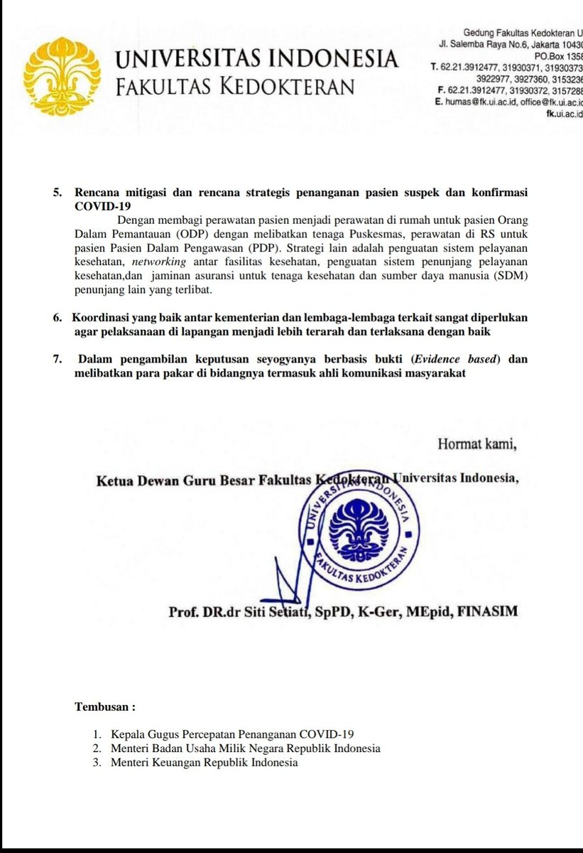 Dewan Guru Besar Fak @KedokteranUI mengeluarkan rekomendasi utk pemerintah terkait #COVID19.

Bbrp poin:
1) Mempertimbangkan lockdown lokal/selektif
2) Menyediakan APD
3) Memperbaiki koordinasi antarlembaga
4) Mengambil keputusan berdasarkan evidence-based

Penting utk diikuti.