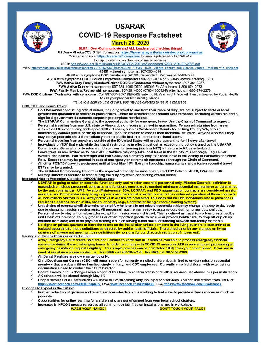 usarakPAO's tweet photo. Highlights include: USARAK is at mission essential functions and personnel only - military only in the barracks (no civilian guests!) - no signs to be posted on residences/rooms - AER IS STILL OPEN VIA Phone!
#AmericasArcticWarriors https://t.co/jUmBWQHjwp