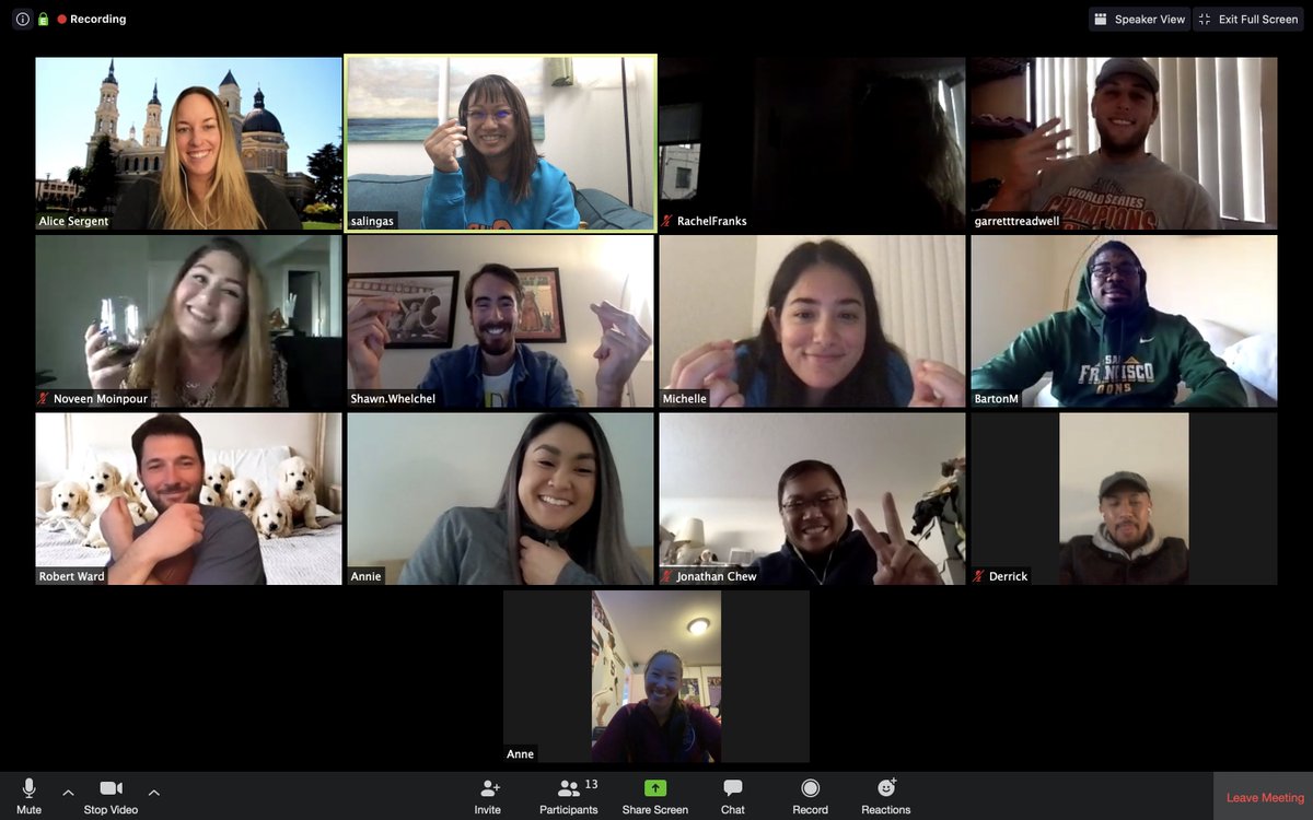 shelley_mae's tweet photo. THE highlight of my day: Reconnecting with Money Cohort 💰 for the first time since we graduated in Dec. 2017. I love you all! #usfsportmanagement #usfsm #usfca #zoomhappyhour #c44 https://t.co/BqrwJh5DpI