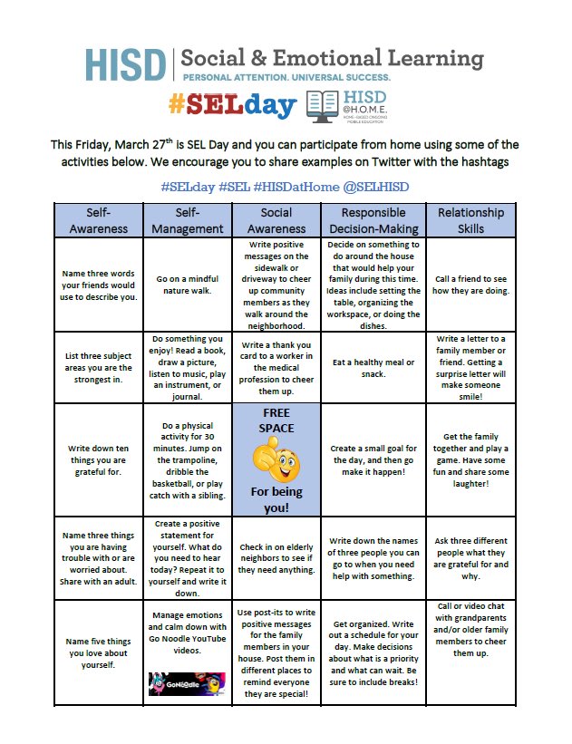 #SELDay Tomorrow, March 27th is Social Emotional Learning Day! How many bingo squares can you fill out at home? <a href="/ValleyStreamRWC/">Robert W. Carbonaro School</a> <a href="/PtaRobert/">Robert W. Carbonaro PTA</a> <a href="/serro_karen/">Karen Serro</a>