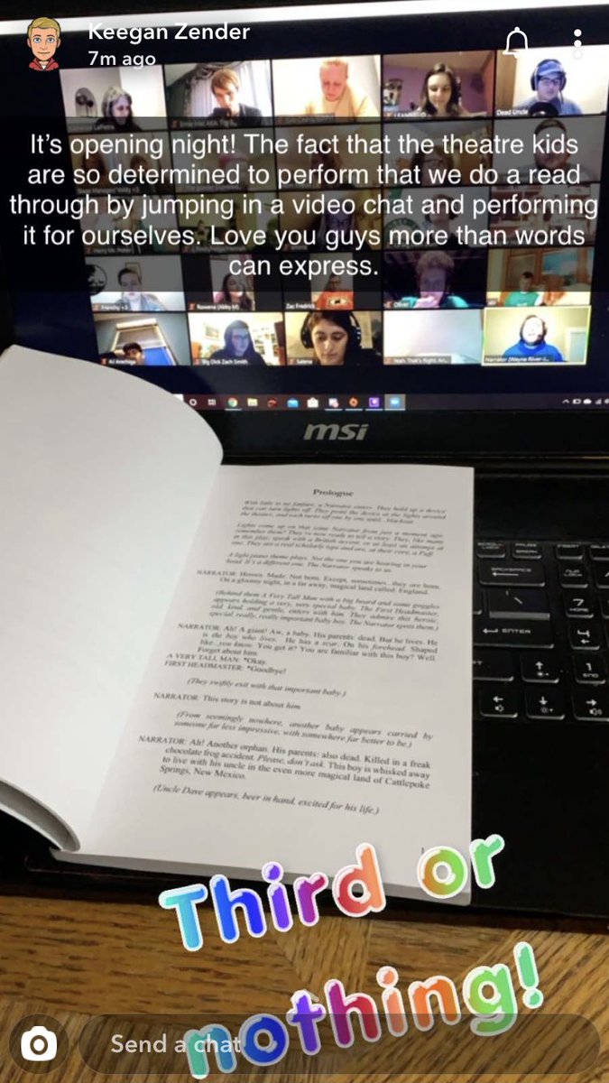 FSUTheater's tweet photo. Tonight would have been our opening night for our (now cancelled) spring play, Puffs. Even in the midst of a global pandemic, our students got together through video call tonight to read through the show with enthusiasm and a sense of community. Be kind. Be a friend. Be a Puff.💛 https://t.co/qxKqAWHlNe