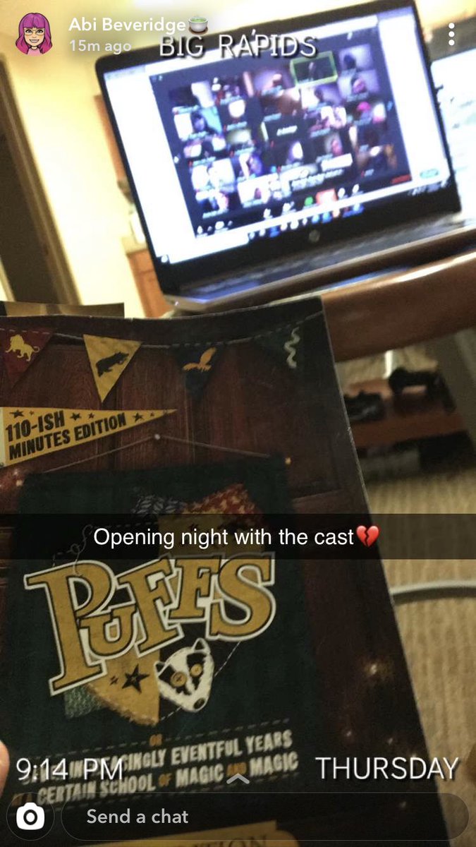 FSUTheater's tweet photo. Tonight would have been our opening night for our (now cancelled) spring play, Puffs. Even in the midst of a global pandemic, our students got together through video call tonight to read through the show with enthusiasm and a sense of community. Be kind. Be a friend. Be a Puff.💛 https://t.co/qxKqAWHlNe