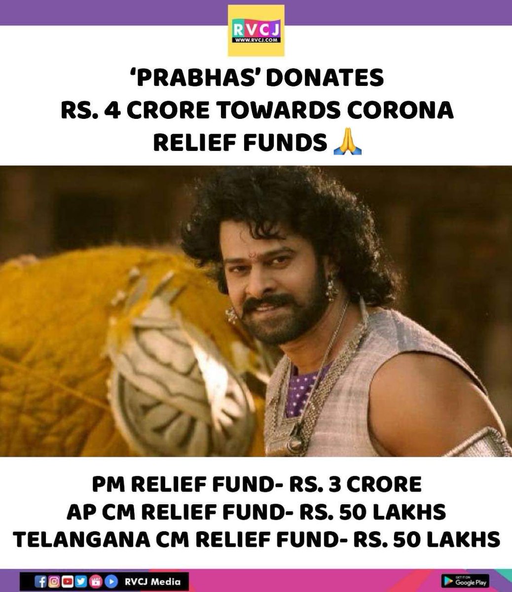 AmitChoudharyK's tweet photo. #Prabhas donates Rs.4 crore towards #CoronaReliefFund 🙏🙏🙏

#COVID2019 #ChinaVirus #lockdown https://t.co/WW48lDSzzs
