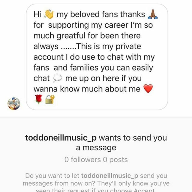 toddoneillmusic's tweet photo. Not me! Please report! Look for that blue check mark! Thanks y’all. https://t.co/EmunARHzcg https://t.co/3qKimJ8Coe