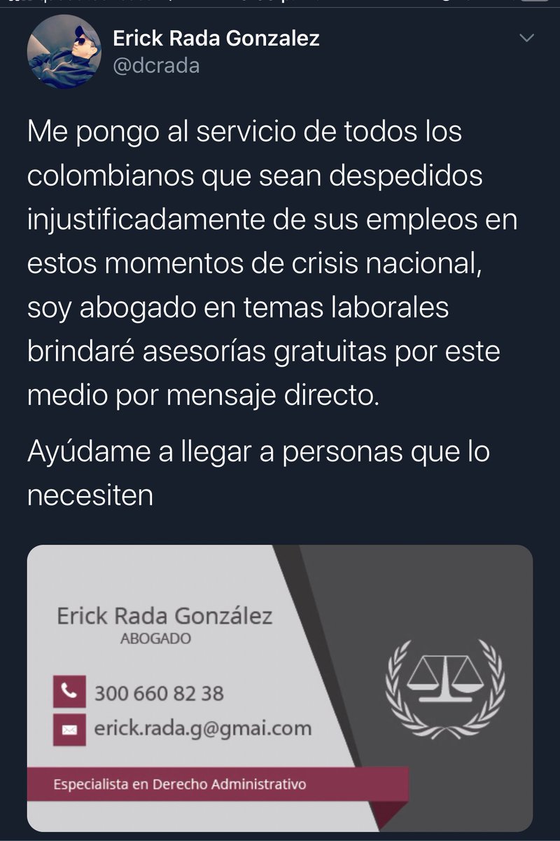 dcrada's tweet photo. Se que muchos han compartido mi tuit con sus compañeros, y de antemano se lo agradezco a todos. 

Los invito a seguir compartiendo mi post, muchos colombianos están siendo despedidos sin justa causa en estos momentos de crisis. 

Queremos llegar a todos, ayúdame dándole RT. https://t.co/PXChuA7sHA