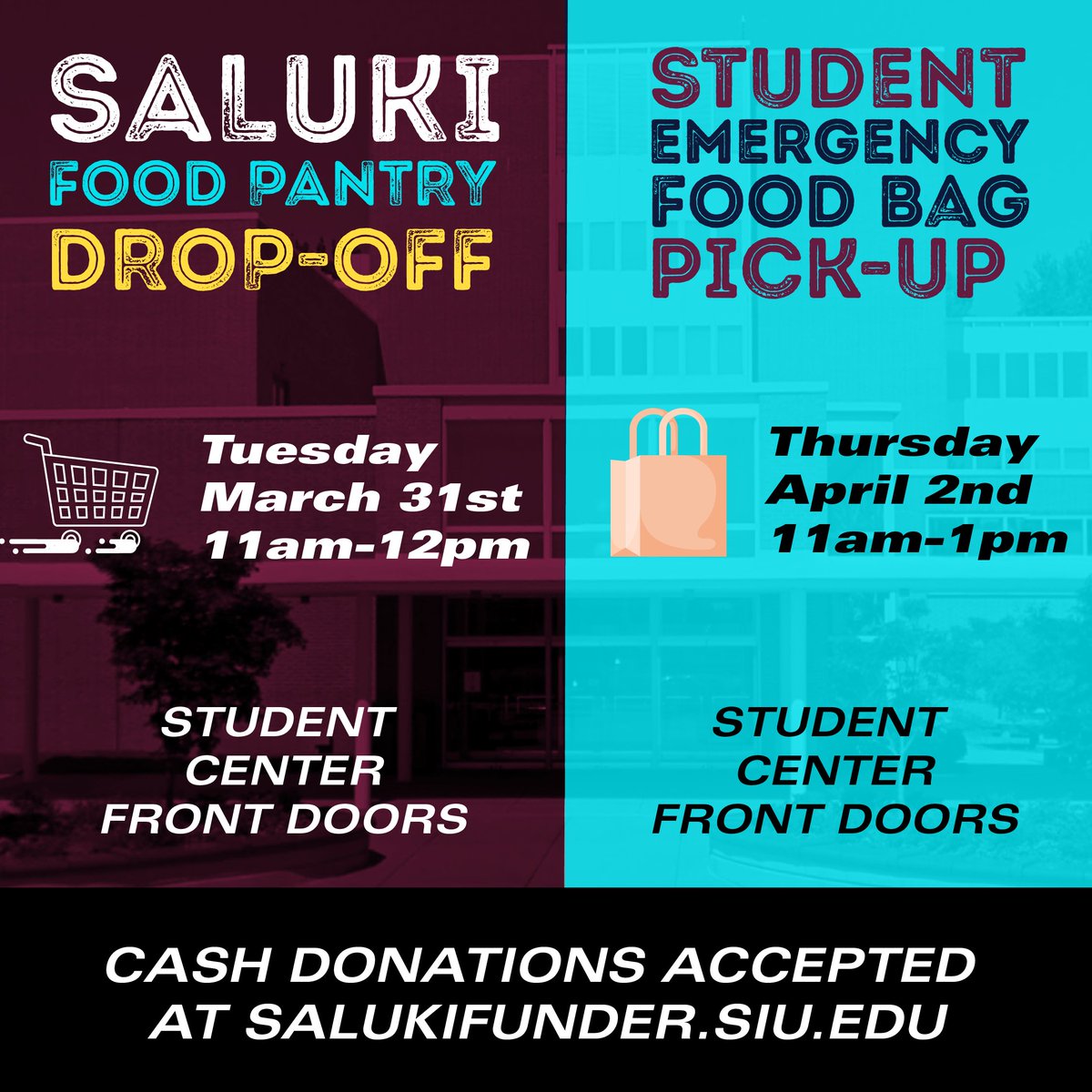 Here are the Saluki Food Pantry updates for next week. This coming Tuesday from 11-12 we'll have another donation drop-off. This coming Thursday we'll have emergency food bag pickup from 11-1 for students. Thanks so much for all folks that dropped off today! #thisissiu