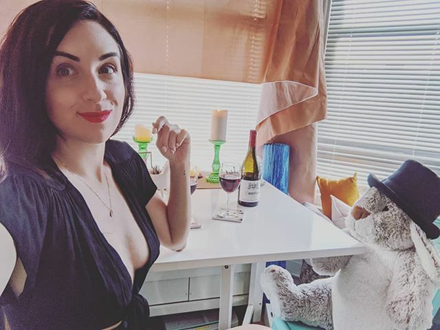 jordynathan's tweet photo. Sharing my first glass of wine since I got sick with the most dapper date I could self quarantine with and watching Kat's live stream to raise money for #misfitcabaret 
This is fine. I'm fine:) Hold your loved ones close if you can. Love you ❤️ https://t.co/tOdTcC54xT https://t.co/WC682kEIe0