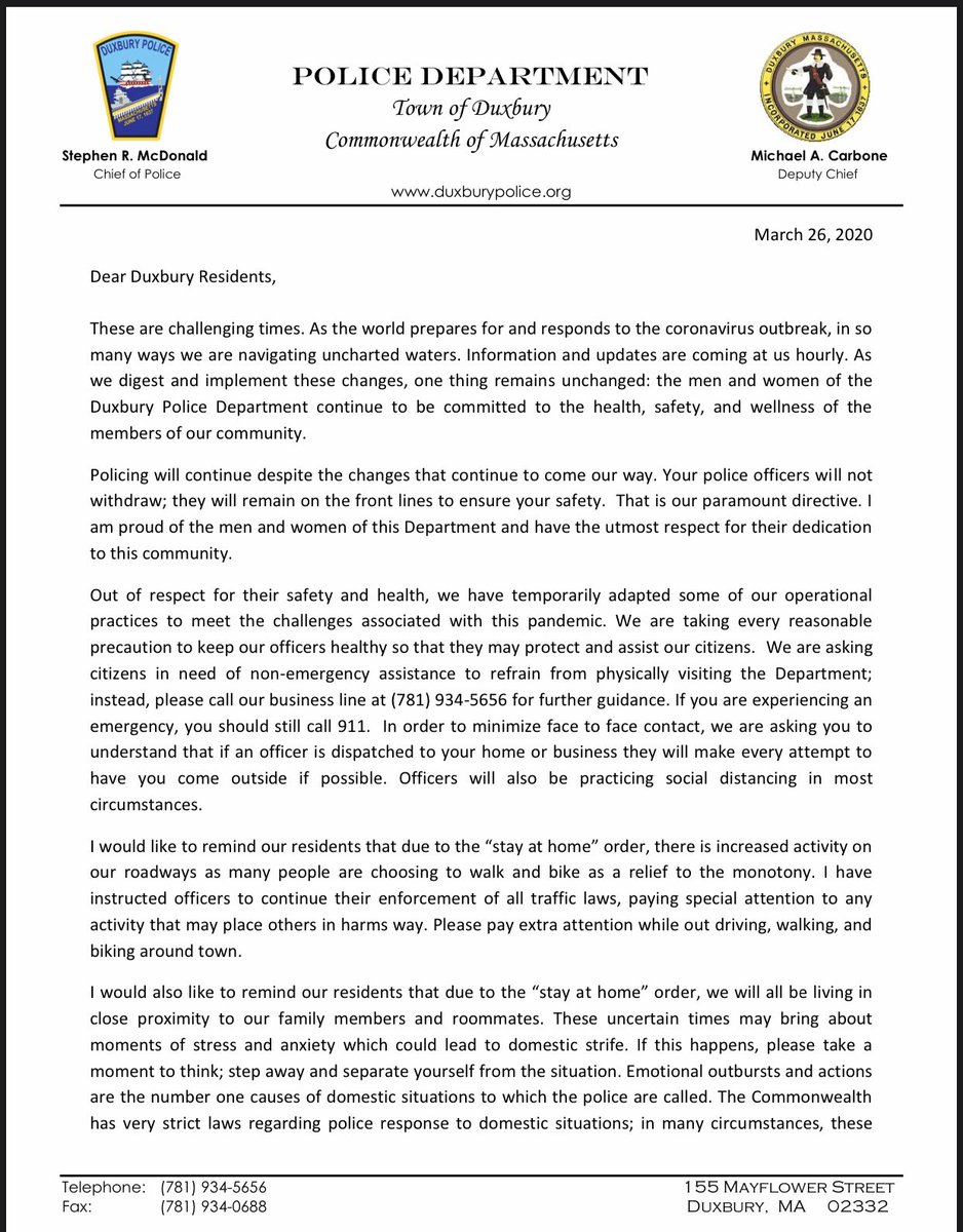 Duxbury_Police's tweet photo. A letter to the Residents of Duxbury from Chief McDonald https://t.co/N5sLbfgmFg