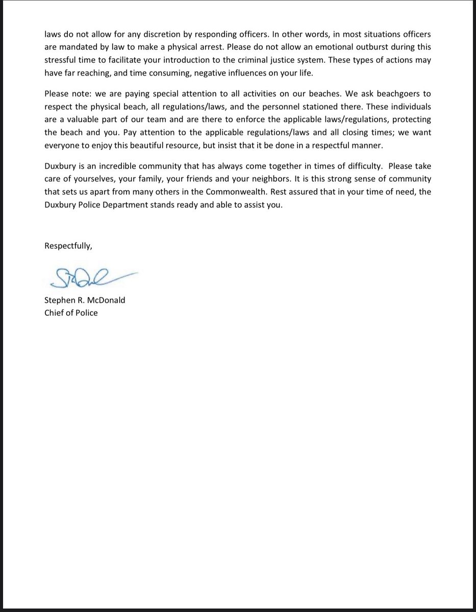 Duxbury_Police's tweet photo. A letter to the Residents of Duxbury from Chief McDonald https://t.co/N5sLbfgmFg