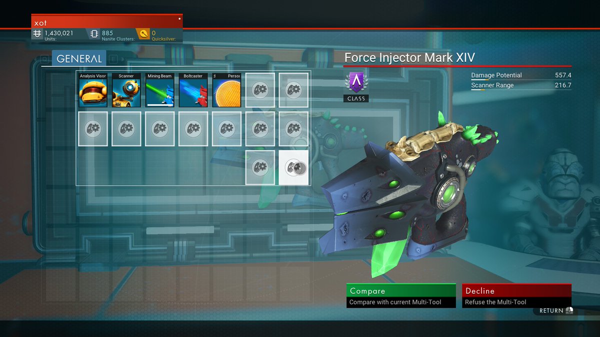 This weird multitool showed up in a neighboring space station. $3.5 million was more than I had to spend at that time but a bit later an amiable Vy'keen gave me a nicer broken one (with less than ideal slot layout) for free. I think this is the first S-Class I've come across.