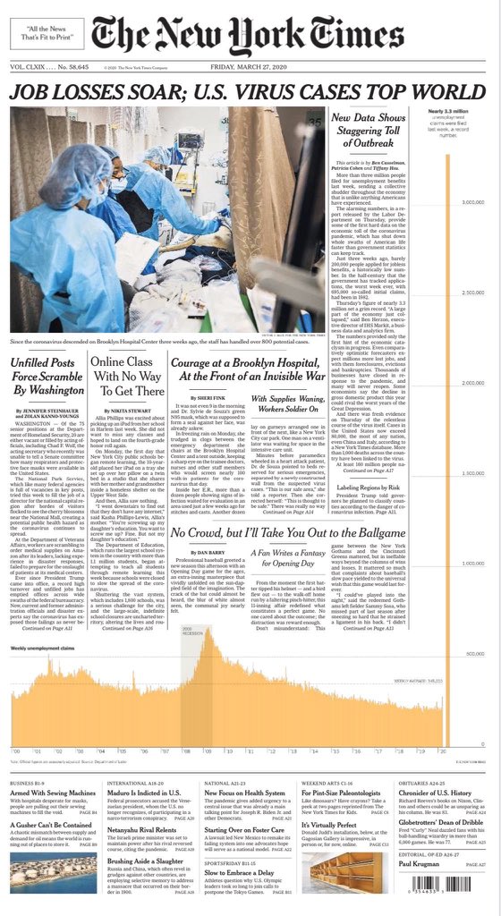 frascafrasca's tweet image. La tapa del New York Times de mañana es una patada en el pecho.
Abajo, en amarillo, el número de nuevos desempleados en EEUU en los últimos 20 años. 
A la derecha, el de esta semana.
El buen diseño gráfico pone emoción a las cifras. Y esta tapa es desoladora.