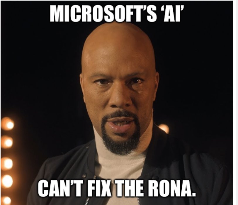 jamchal's tweet photo. It can fix blind people, but the Rona’s too much. #microsoft #coronamemes #ai #marketing #coronavirus https://t.co/o1BQU5xZZY