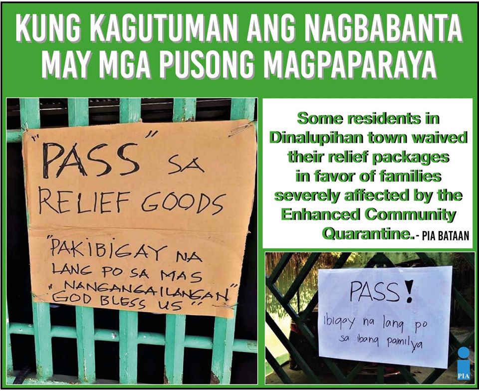 PhilippineStar's tweet photo. Some residents in Dinalupihan, Bataan have put up signages asking their relief packages to be donated to people who are more in need during the enhanced community quarantine. | Photo courtesy of PIA https://t.co/dTcfPD5H4a