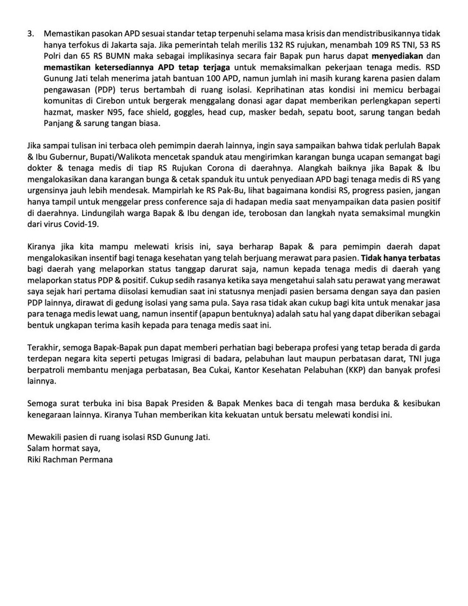 PermanaRikie's tweet image. Selamat pagi. Perkenalkan saya pasien 10 di Cirebon. Dinyatakan positif Covid-19 14 Maret lalu. Semoga surat ini bisa sampai ke Pak Presiden @jokowi &amp;amp; Pak Menkes @KemenkesRI 

TWITTER PLEASE DO YOUR MAGIC
@NajwaShihab @mrshananto @ernestprakasa @awkarin @MataNajwa @pandji