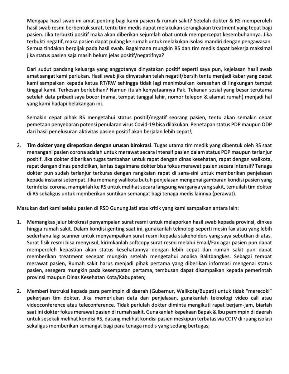 PermanaRikie's tweet image. Selamat pagi. Perkenalkan saya pasien 10 di Cirebon. Dinyatakan positif Covid-19 14 Maret lalu. Semoga surat ini bisa sampai ke Pak Presiden @jokowi &amp;amp; Pak Menkes @KemenkesRI 

TWITTER PLEASE DO YOUR MAGIC
@NajwaShihab @mrshananto @ernestprakasa @awkarin @MataNajwa @pandji