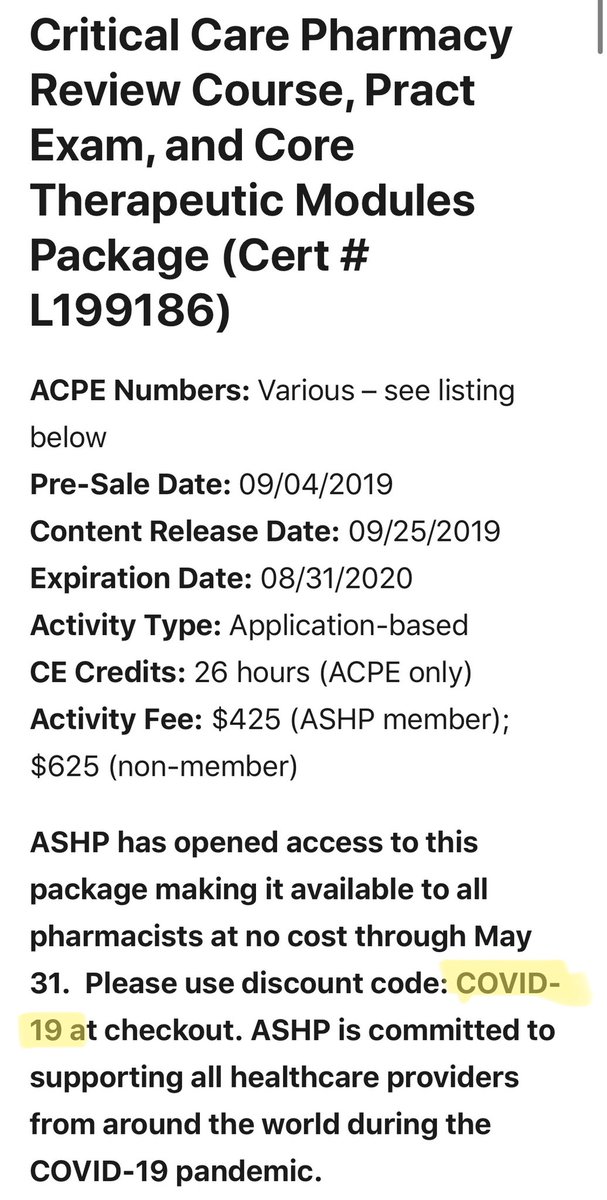 Wow! ASHP has given everyone (members &amp; nonmembers too!) free access to the BCCCP crit care board certification study materials to help support all of us during the pandemic. Just sign in &amp; check out with discount code COVID-19. Great for all to review! Thank you <a href="/ASHPOfficial/">ASHP</a> 🙏🏼