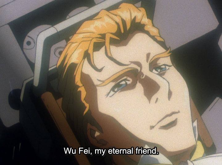 Treize dies as he lived: being very important to the plot, but not all that clear about what his motivation was. Also Wu Fei is his eternal friend? WHAT? Was this bond built over one duel where Treize called Wu Fei a punk?
