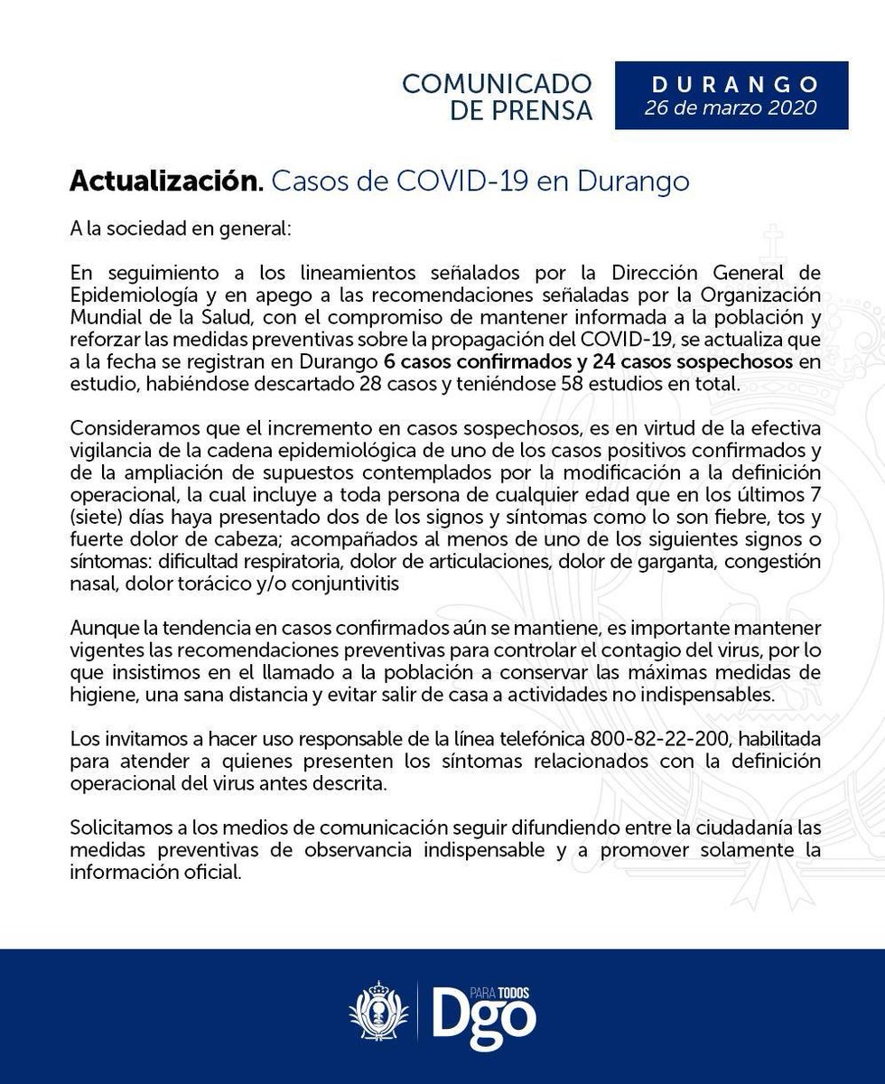 fernandaaq7_'s tweet photo. 🛑 Se mantienen 6 casos por #COVID19mx en Durango; hay 24 sospechosos. Esto con información de la @SSDurango. https://t.co/1rZwivWQNi
