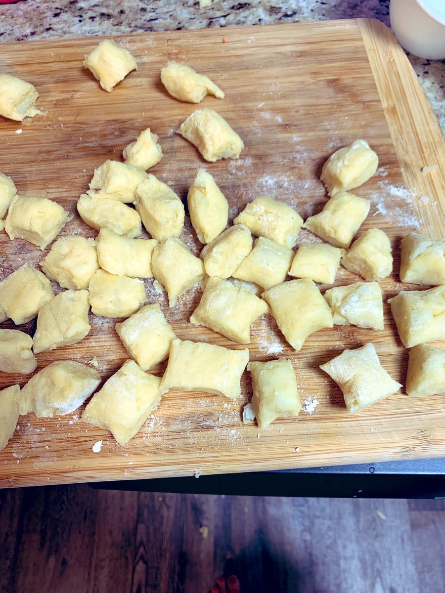 Gnocchi-to-be. I did not rice the potatoes. Please. I smashed them about and then I smashed them into this dough and now they’re going into a pot.
