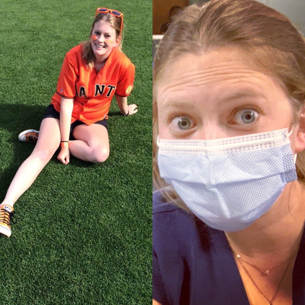 molz19's tweet photo. @SFGiants Traded in my opening day jersey for my scrubs and mask this week. Wish I could be watching some baseball but we’re out here fighting corona on the front lines! #openingdayathome  #sfgiants #nurse https://t.co/kcKavHdq8C