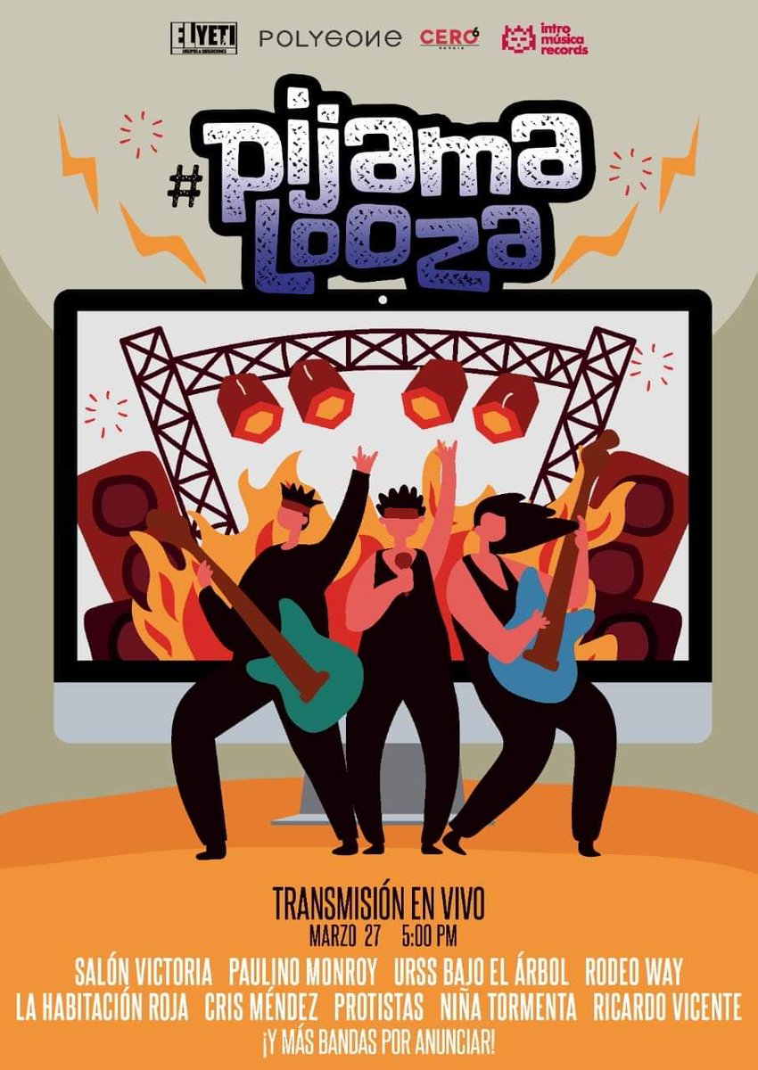 Disfruta de #PijamaLooza 🎶🤟un festival vía streaming con talento como <a href="/URSSbajoelarbol/">U R S S B A J O E L Á R B O L</a> <a href="/PaulinoMonroy/">Paulino Monroy</a> <a href="/salonvictoria/">Salón Victoria</a> <a href="/lahabitacionroj/">La Habitación Roja</a> <a href="/protistas/">Protista</a> y más bandas.
La cita es este viernes 27 a las 17:00 hrs accesando al perfil de FB de los artistas. 🎸🤟🎶