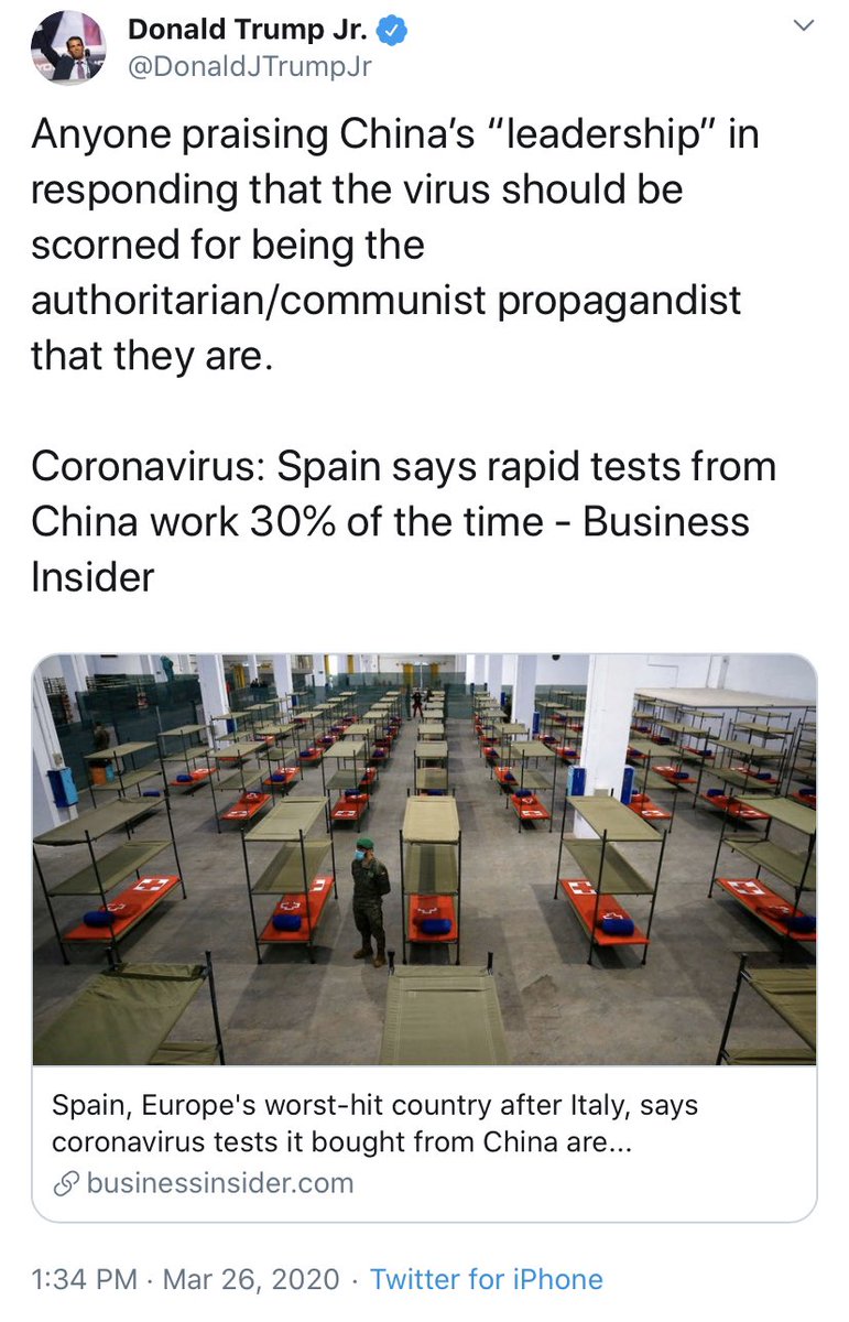 KFILE's tweet image. Donald Trump Jr. seems to have forgotten his dad spent a month and a half propping up China on coronavirus, praising their “transparency” and the president’s leadership.