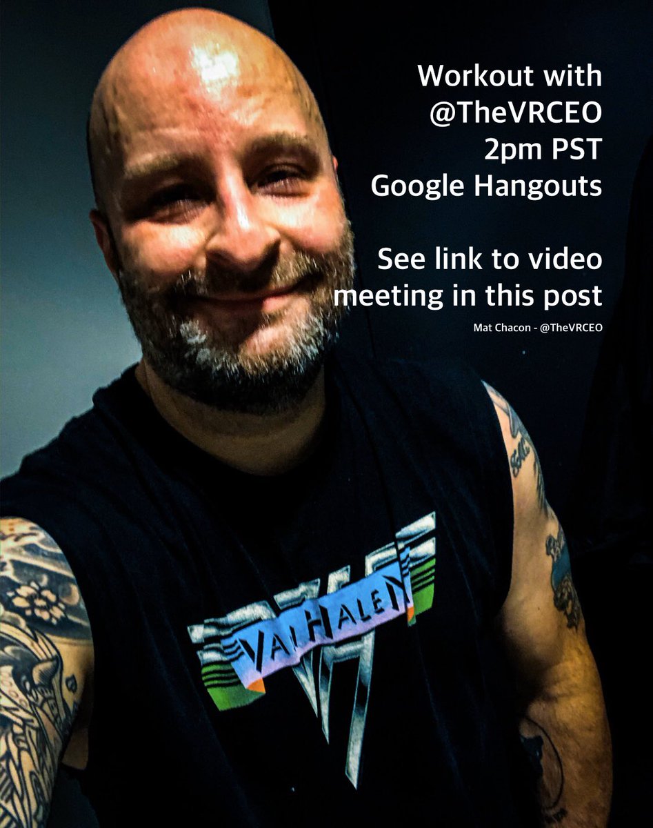 TheVRCEO's tweet photo. Join me in a #RemoteWorkout this Fri at 2pm PST (27-March-2020)! Doing a Google Video. Use this link to join:

https://t.co/QaEp6S9WzR

It might be a total soup sandwich. Or it might be amazing. We’ll find out together.

#TheVRCEO
#COVID19
#coronavirus
#AtHomeWorkout https://t.co/IHmlJOCD71