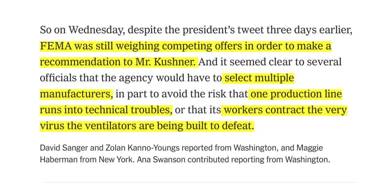 The very last paragraph of the NYTs article.So  @jaredkushner who has exactly 0 public health or national logistics experience blew up the deal.THIS. IS. WHY. WE. HAVE.The Office of the Assistant Secretary for Preparedness and Response (ASPR) & PVE & Army Corp of Engineers