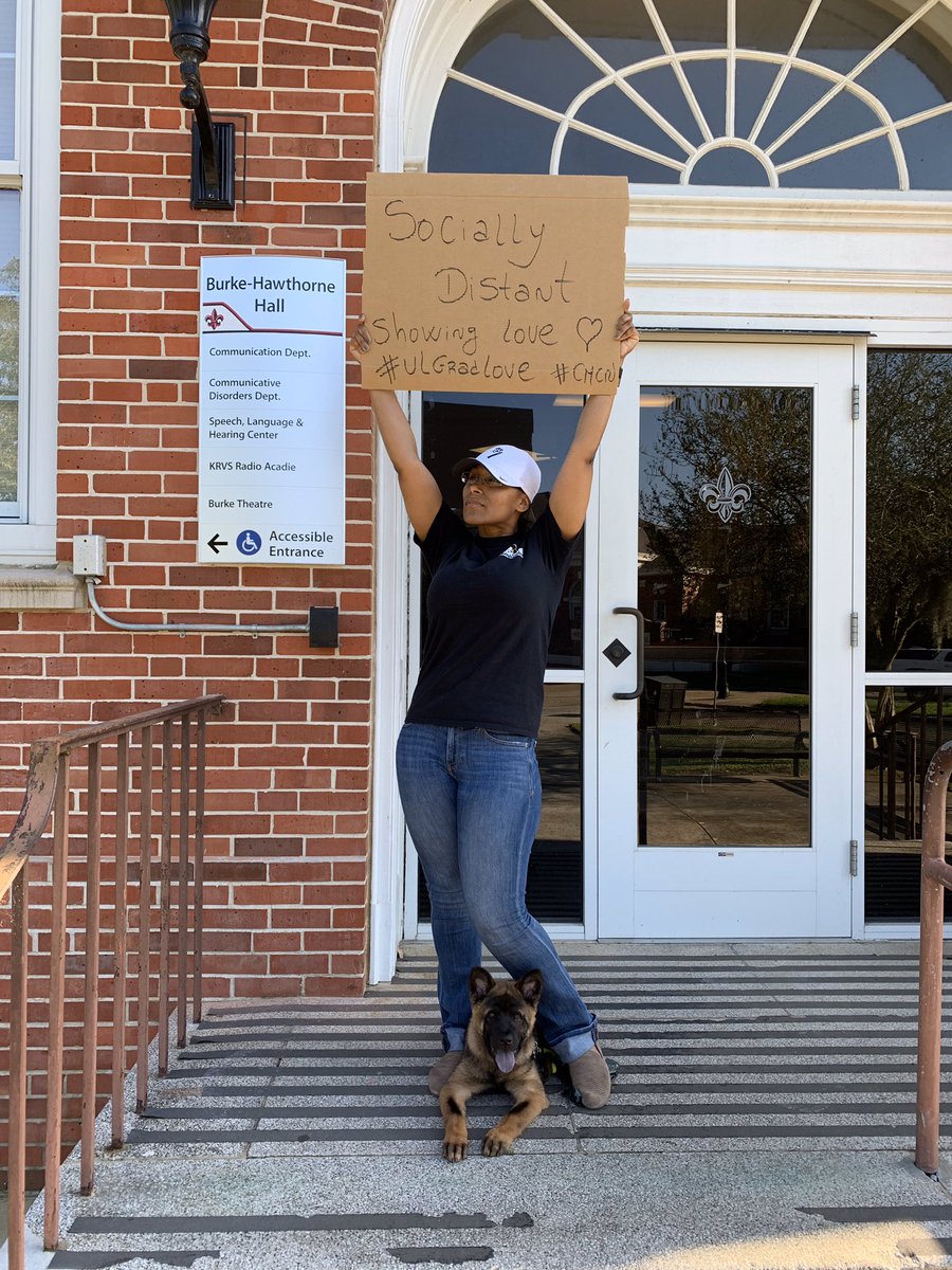 FumyRita's tweet photo. COVID-19 won’t stop me from showing love to my #CMCN program @ULGradSchool. 

Note: This picture was taken on a very very very quick walk with KZ and stop at Patacón to support Acadiana local businesses and get my dinner 😋

Back to sheltering at home. #StayAtHome #ULGradLove https://t.co/c9fqvqA7CD