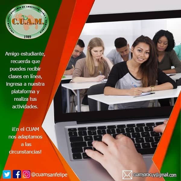 CuamSanFelipe's tweet photo. Atención comunidad universitaria, nos adaptamos a las circunstancias, por ello ponemos a su disposición nuestra plataforma online para que puedas proseguir con tus estudios.
_
#Cuam #SanFelipe #Yaracuy #TalentoCuam #FamiliaCuamense https://t.co/Yd011IuQIu