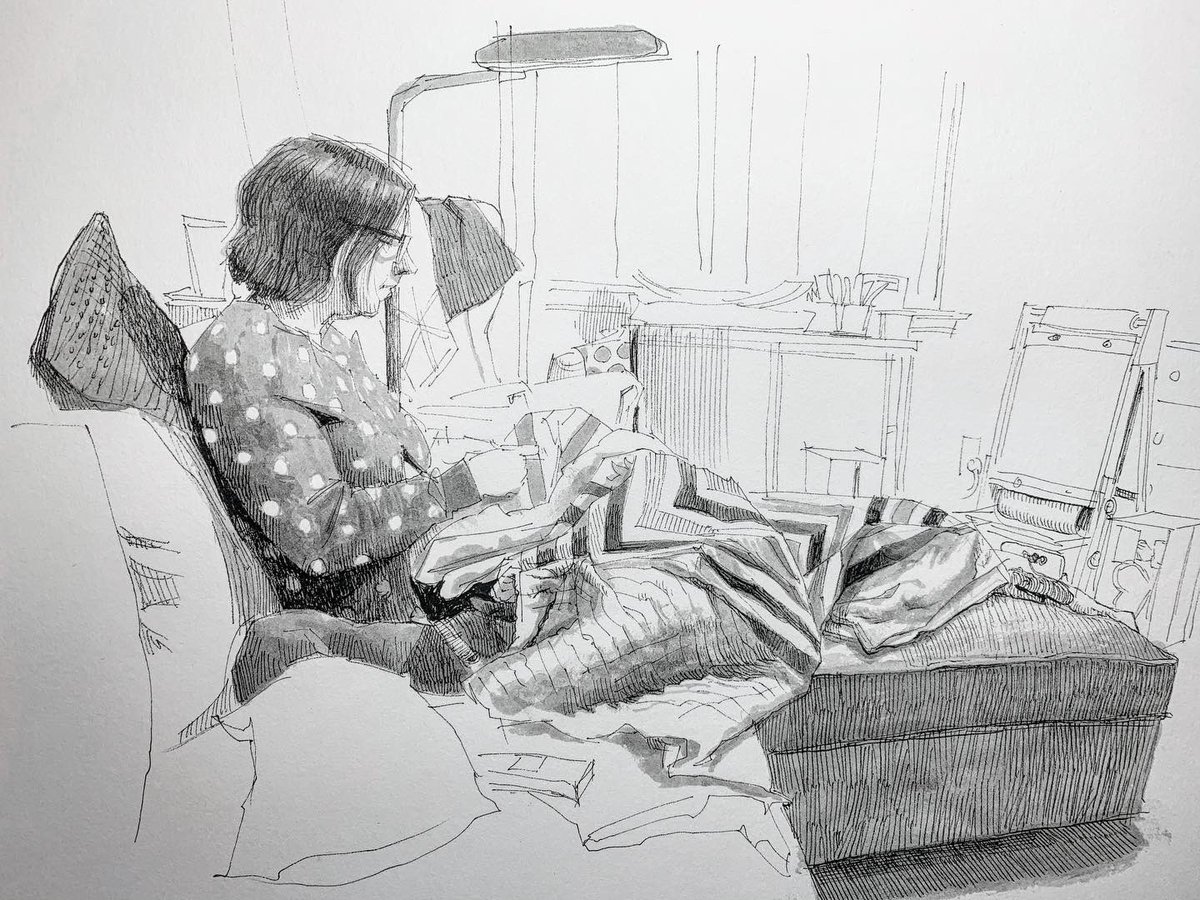 20 March, evening. My wife Linda working on her quilt. 