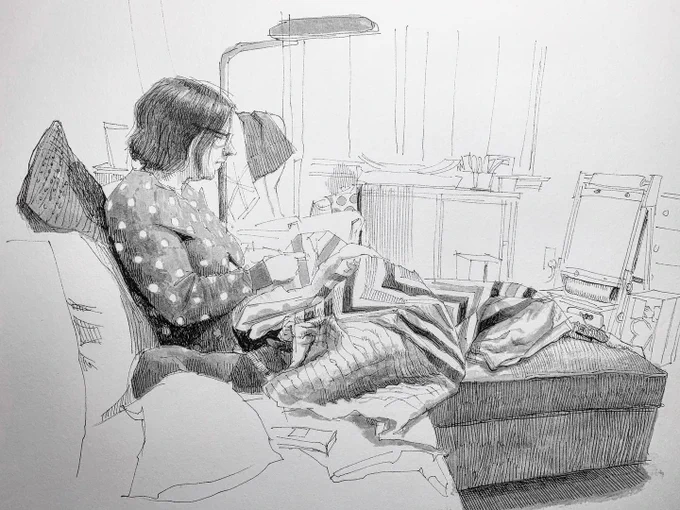 20 March, evening. My wife Linda working on her quilt. 