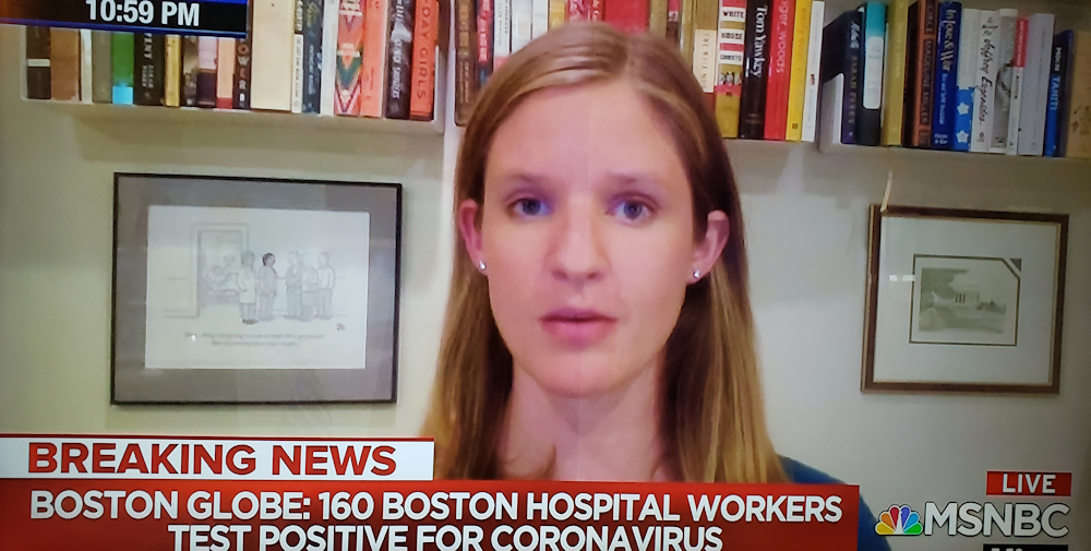 filmystic's tweet photo. Dr. Laura Dean had The Last Word with @Lawrence tonight, talking about her difficult but entirely correct decision to be reassigned away from the coronavirus ward until after she gives birth to her baby next month.

(She has an excellent cartoon framed on the wall behind her.) https://t.co/CXRombBUpf