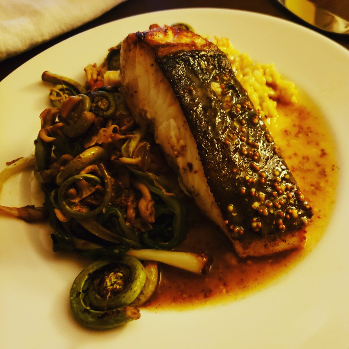jimmyhoxie's tweet photo. Insanely fresh halibut, fiddleheads, ramps, golden oyster mushrooms, and saffron risotto #quarantinediningin #justforthehalibut #rampingitup #fiddlededee #andimadeit https://t.co/w4iNJMQl45