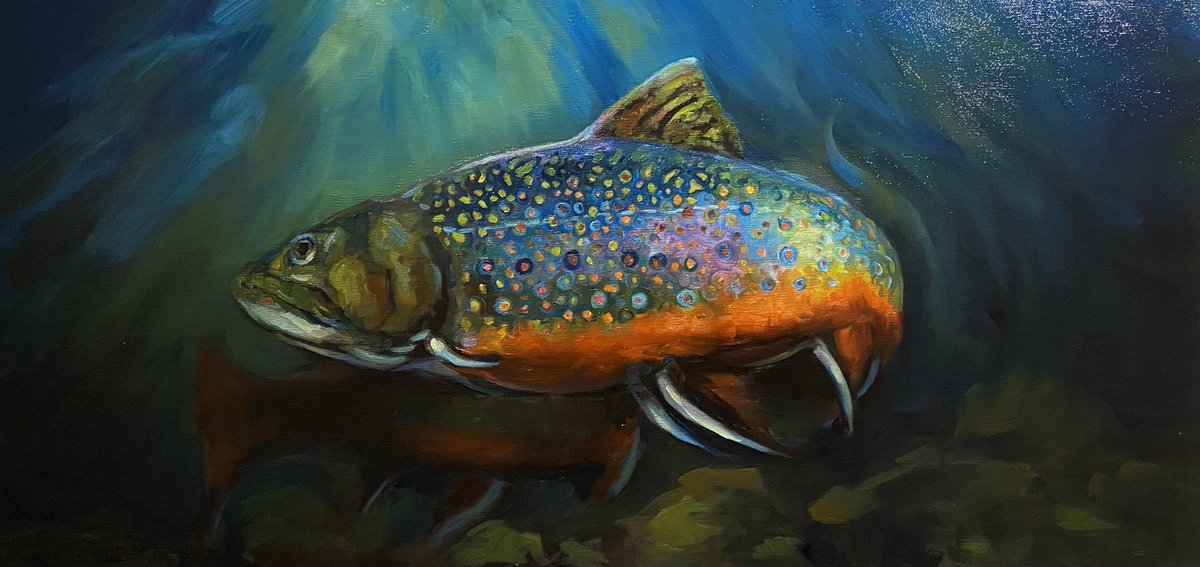 Painting trout for my pals @cheryl_ramsay_vandenborn & their Trout Mountain Inn... 18x36 oil on canvas. Juuust waiting for midnite so I can see the new @BetterthingsFX   !!! If you’re not watching you need to be!#oilpainting #originalsonly #troutfishing #trout #troutmountaininn