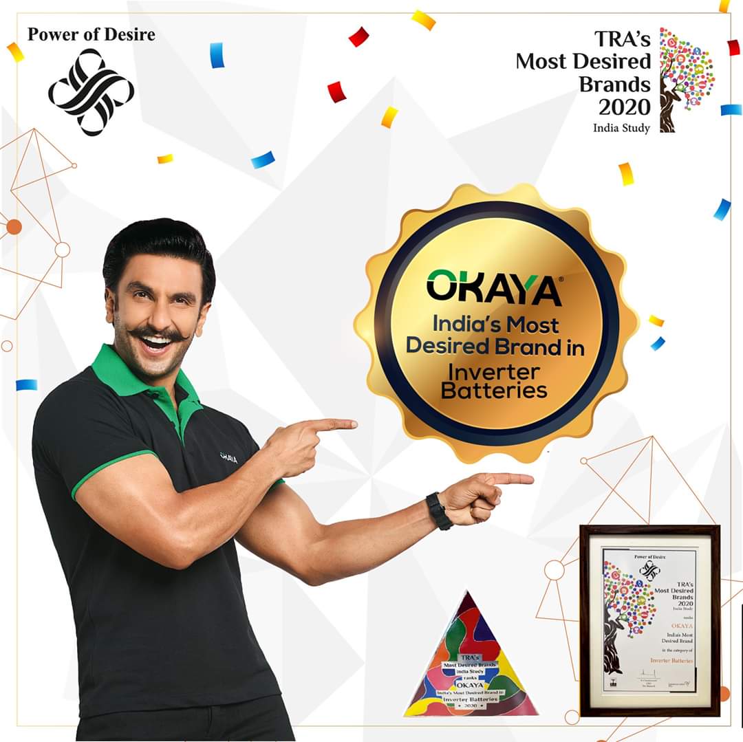 OkayaPowerGroup's tweet photo. Such moments we cherish today, and for years to come!
We're delighted to announce that #Okaya has been coveted as India's Most Desired Brand - 2020 by Brand Trust - TRA.
#OkayaPowerWorld #NeverStopIndia https://t.co/qcQr3R9THR