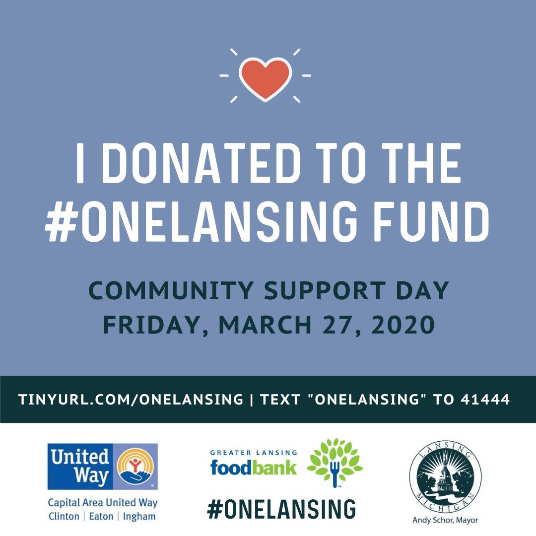 Mayor <a href="/andyschor/">Andy Schor</a> has declared today, Friday, March 27, Community Support Day! Please join us for a 24-hour virtual telethon to support the One Lansing Fund, a fund that will go toward relief efforts by @CAUWand &amp; @GLFoodBank1. Donate now: tinyurl.com/OneLansing #OneLansing