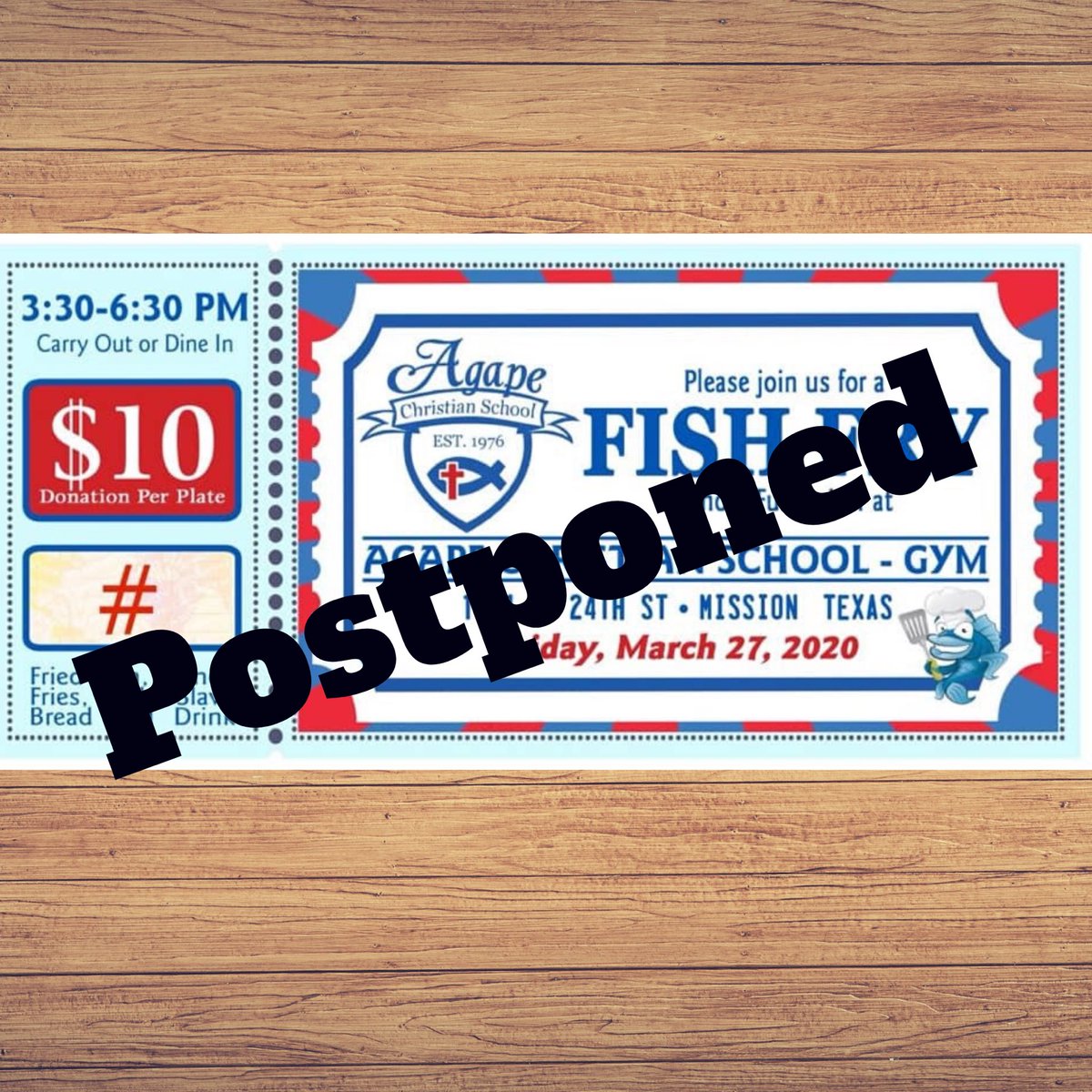 SchoolAgape's tweet photo. Unfortunately, we will be postponing our Annual Fish Fry Fundraiser that was scheduled for tomorrow, March 27th.  We will be rescheduling for a later date. Thank you for your continued support! May God bless us all during these uncertain times ❤️🙏🏼
#agapechristianschoolmissiontx https://t.co/eQGKHFEPiF