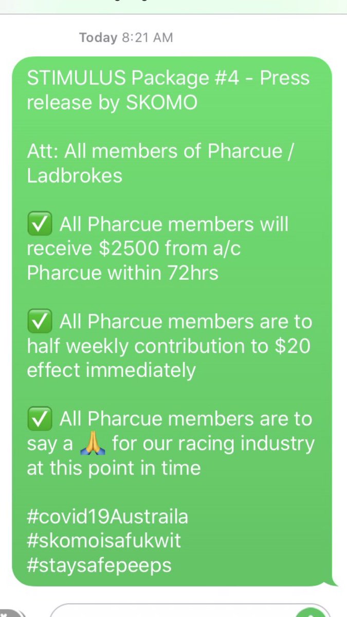 seancurtis1023's tweet photo. Punters Club stimulus package #4 has arrived π€ #coronavirusaustralia #Racing #GetOn78 #SkyRacing https://t.co/v3S3HkhNsU