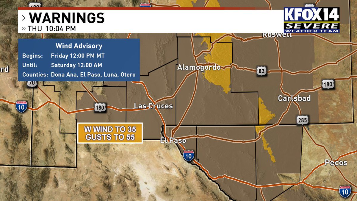 KFOXWeatherTeam's tweet photo. Strong winds return tomorrow. Bad news for those who suffer from allergies. Strongest winds will be from 1pm to 7 pm. -sd #PollenAlert #KFOX14 https://t.co/SsYz5I0IPD