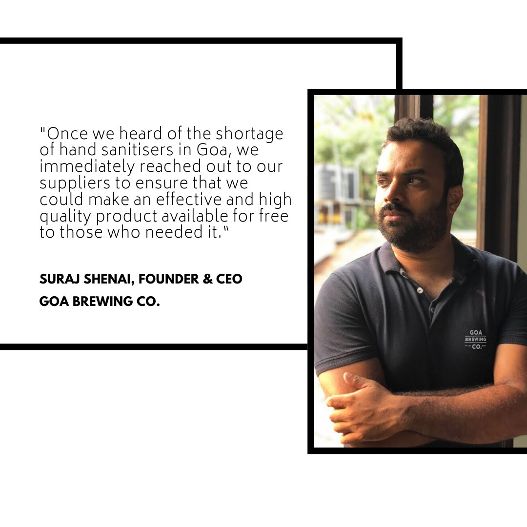 SaamaCapital's tweet photo. To address the shortage of hand sanitizers across Goa, our friends at @goabrewingco repurposed their distillery to produce hand sanitisers. Since starting this initiative, they’ve distributed thousands of bottles to local communities around their brewery for free. @DSGCPvc https://t.co/J3EVN4VkI4