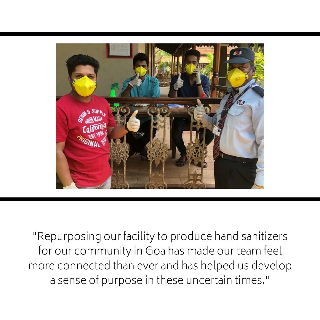 SaamaCapital's tweet photo. To address the shortage of hand sanitizers across Goa, our friends at @goabrewingco repurposed their distillery to produce hand sanitisers. Since starting this initiative, they’ve distributed thousands of bottles to local communities around their brewery for free. @DSGCPvc https://t.co/J3EVN4VkI4